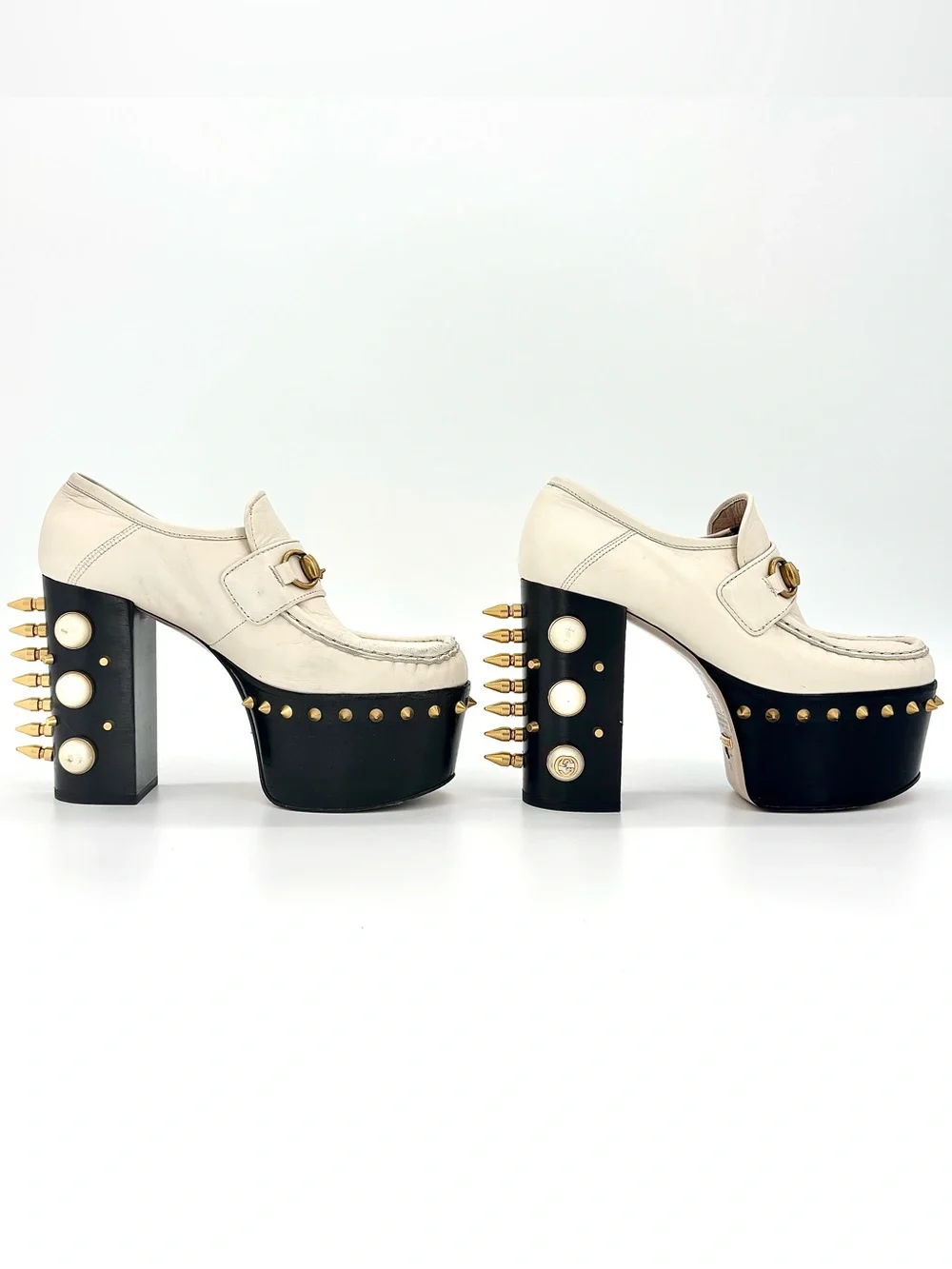 Gucci Vegas Spiked Pearl Horsebit Platform High Block Heel Loafers 36